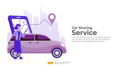 online taxi or rent transportation using smartphone service application with character and route points location on gps map for landing page, banner, web, UI, flyer. Car sharing illustration conceptのイラスト素材