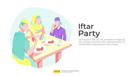Muslim family dinner on Ramadan Kareem or celebrating Eid with people character. Iftar Eating After Fasting feast party concept. web landing page template, banner, presentation, social or print mediaのイラスト素材