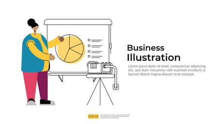 presentation speaker on business meeting with chart board and character. data board on corporate seminar or conference in flat design vector illustrationのイラスト素材
