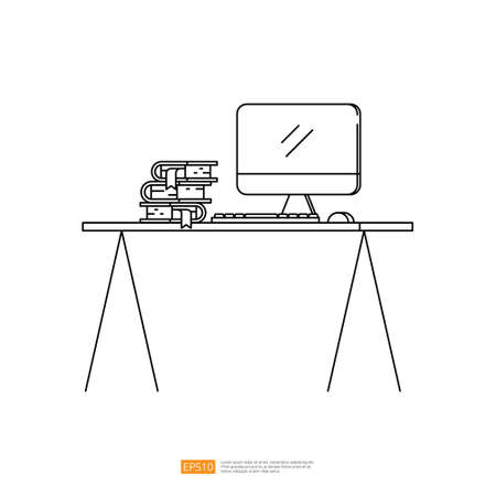 PC computer monitor desktop and book on desk with outline line style vector illustrationのイラスト素材