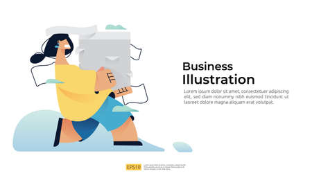 hurry run female character carrying pile stacks of documents. vector illustration concept for bureaucracy, file management, data organization storage, digital archive, time management deadlineのイラスト素材