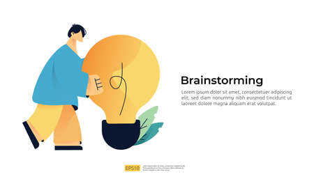 Young male character holding active light bulb. Concept of brainstorming, innovation, creative idea, imagination, thinker. Flat design vector illustration landing pageのイラスト素材