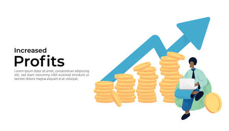 growth Investment finance illustration concept web landing with business people character look at increase arrow and money coin pile. dividend or revenue profit performance of return on investment ROIのイラスト素材