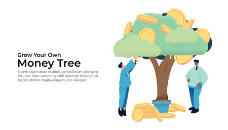 Businessman character picking gold coin from money tree. Returns on investment ROI, business management growth plant, financial success, profit revenue and income concept. Vector illustrationのイラスト素材