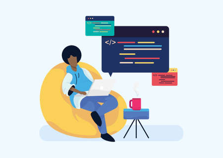 Freelance programmer or engineering developer working, coding, and programming on laptop at home. Flat vector illustration for web banner, infographic, hero imageのイラスト素材