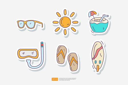 Travel Tour and Holiday Vacation Concept Vector Illustration. Sunglasses, Sun, Coconut Drink, Snorkel Diving, Flip Flop Sandal, Surfing Board, Summer and Tourism Doodle Sticker Set Iconのイラスト素材