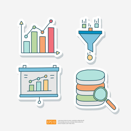 data collection and analysis concept doodle sticker icon set vector illustration. Statistics science technology, machine learning process related for business strategy sign symbolのイラスト素材