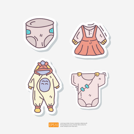 Baby or Kids Clothes Doodle Sticker Set for Boys and Girls. Children Wear. Vector Illustration of Childish Dress and Pant.のイラスト素材