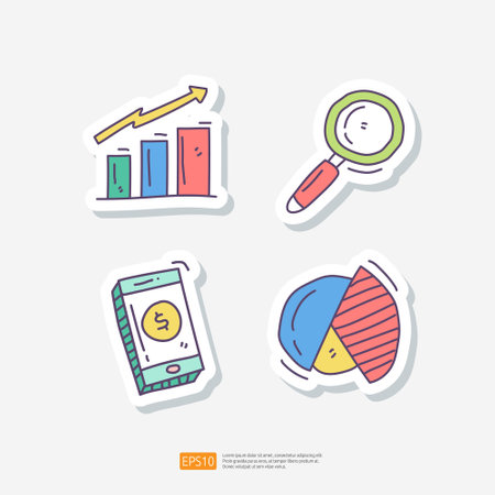 graphic chart and analysis concept with magnifier. mobile payment and transfer. data report and digital marketing concept doodle sticker icon set vector illustrationのイラスト素材