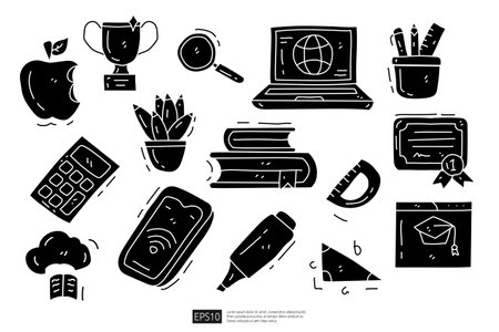 Online education solod doodle icon set. Distance learning. video tuition, online course, e-learning, audio course, educational website. Vector illustrationのイラスト素材