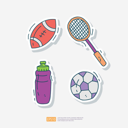 American football rugby, badminton racket, water flask, soccer football doodle. Sport Fitness and healthy life Sticker Set Vector Illustrationのイラスト素材