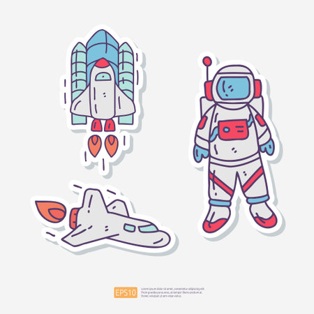 Astronaut and Space Shuttle Rocket Doodle Sticker Icon Set. Space Adventure and Cosmos Vector illustrationのイラスト素材