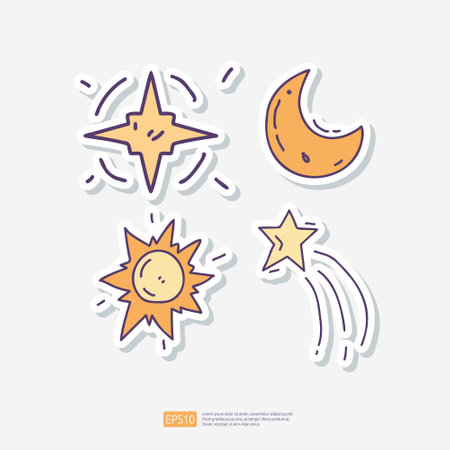 space galaxy star, half moon, Sun explosion, shooting star Doodle Sticker Icon Set. Space Adventure and Cosmos Vector illustrationのイラスト素材