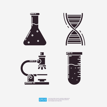 Chemistry lab flask, DNA helix, microscope lens, chemical test tube. Medical and health glyph set icon. Vector Illustrationのイラスト素材