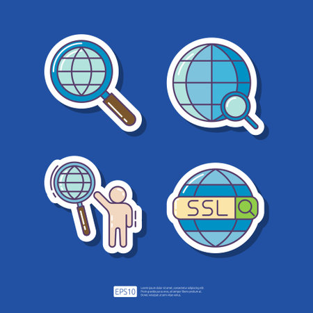 search in world wide web internet, target audience, SSL secure https certificate connection. SEO Search Engine Optimization and internet marketing advertising sticker icon setのイラスト素材