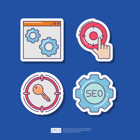 Webpage browser setting, SEO setting with gear wheel, target key keyword, internet marketing advertising target. SEO Search Engine Optimization and internet advertising sticker icon setのイラスト素材