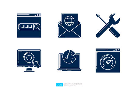 Browser, E-mail marketing, maintenance with spanner screwdriver, Target audience, Website SEO performance measurement. Search Engine Optimization and internet marketing advertising glyph icon setのイラスト素材