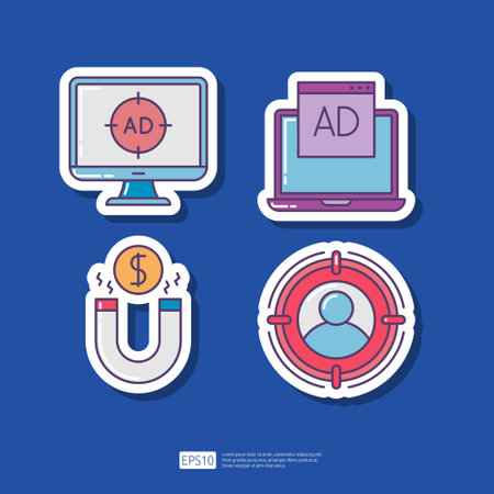 Magnet attracting dollar coin, Target Audience, Digital Advertising. SEO Search Engine Optimization and internet marketing advertising sticker icon setのイラスト素材