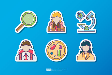 magnifier glass, microscope lab, student and teacher character, mold fungus bacteria colony. knowledge and education flat sticker icon. science and school vector illustrationのイラスト素材