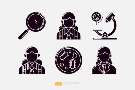magnifier glass, microscope lab, student and teacher character, mold fungus bacteria colony. knowledge and education icon. science and school vector illustrationのイラスト素材