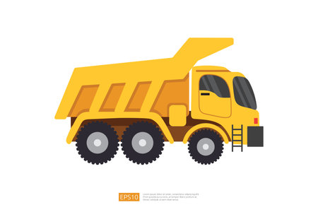 yellow dump truck tipper vector illustration on white background. Isolated heavy industrial machinery equipment vehicle. flat cartoon construction and mining car iconのイラスト素材
