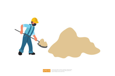 Construction Builder Character with Shovel digging sand Material. Vector Illustration of Construction Workerのイラスト素材