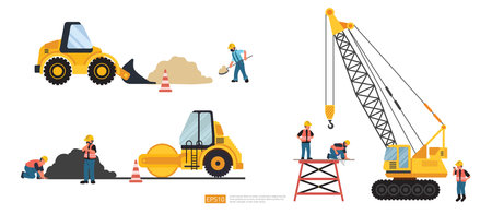 Construction site. bulldozer, lifter crane vehicle, road roller. heavy equipment and Builder or worker set. Vector illustration in flat tyle.のイラスト素材