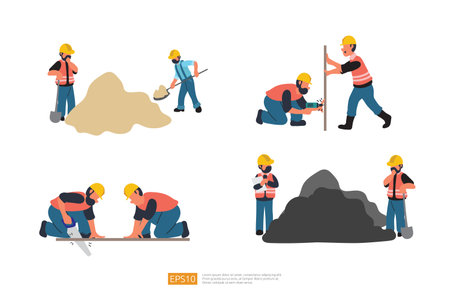 Construction Builder Character Set. digging sand Material with Shovel, Hand Drill work, saws a board with a hand saw. Vector Illustration of Construction Workerのイラスト素材