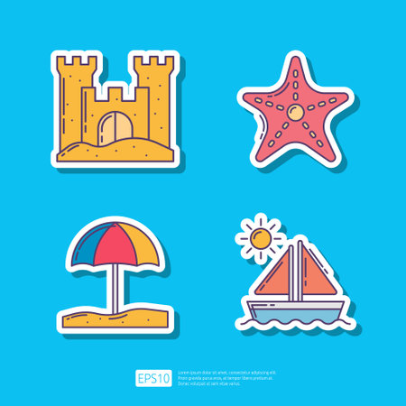 Sand Castle, Starfish Animal, Beach Umbrella, Sailboat Sailing Ship. Summer Vacation Sticker Icon Vector Illustration setのイラスト素材