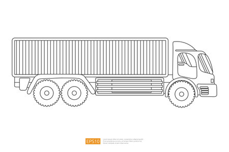 Line semi-trailer dump truck illustration on white background. Isolated delivery lift car. commercial vehicle flat vector. Coloring Page Book Cartoon for Kidsのイラスト素材