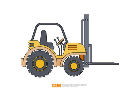 forklift truck vector illustration view side isolated on white background. construction vehicle car. heavy equipment commercial transportation flat vector. Coloring Page Book Cartoon for Kidsのイラスト素材