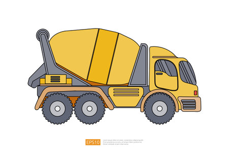 Yellow concrete truck vehicle icon. Mixer cement truck side view flat design. Isolated heavy industry equipment machine. Construction machinery pouring of cement. Coloring Page Book Cartoon for Kidsのイラスト素材