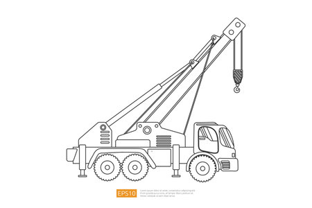 Line crane truck illustration on white background. Isolated construction vehicle car. heavy equipment commercial transportation vehicle flat vector. Coloring Page Book Cartoon for Kidsのイラスト素材