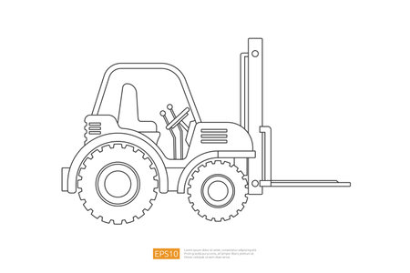 Line forklift truck vector illustration view side isolated on white background. construction vehicle car. heavy equipment commercial transportation flat vector. Coloring Page Book Cartoon for Kidsのイラスト素材