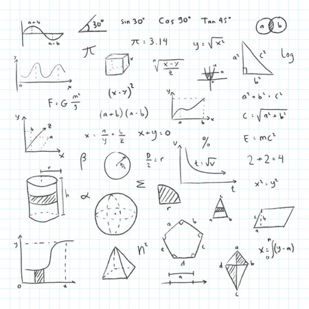 Hand drawn sketch math note. Math symbols doodle notebook page background. School education sign geometry scientific formulas and calculations vector illustrationのイラスト素材