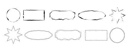 Hand draw doodle frames collection sketch set. Rectangle, Squared, circle borders ornament for sketchbook. scribble round for message note mark element. Vector bubble draft illustrationのイラスト素材