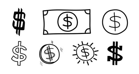 Dollar Hand-drawn doodle sign icon symbol set. Dollar money vector brushstrokes punctuation illustration on white backgroundのイラスト素材