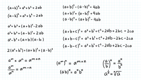Algebraic identities expression formula doodle handwriting collection set vector illustration. Scientific education square formulas. Mathematics resources for teacher and student backgroundのイラスト素材
