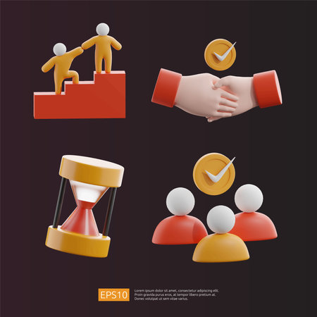 Teamwork Leader Help, handshake settlement or agreement, timer hourglass, Select right candidate. 3D icon render collection set vector illustration for business banner or landing pageのイラスト素材