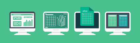 Spreadsheet on Computer screen flat illustration. Financial accounting report concept. office things for planning and accounting, analysis, audit, project management, marketing, research vector setのイラスト素材