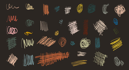 charcoal or chalk drawing pencil curly line set. Grunge pen scribbles collection. squiggles and shapes hand drawn . pencil lines and doodles vector. Rough crayon strokesのイラスト素材