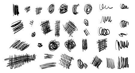 charcoal or chalk drawing pencil curly line set. Grunge pen scribbles collection. squiggles and...