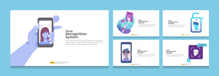 Face recognition system scanning on smartphone bundle set. facial biometric data identification...