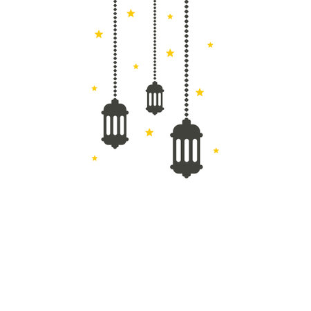 hanging Arabic traditional Ramadan Kareem lantern. Eid Fitr or Adha Mubarak. Simple Greeting banner card with lamp stars symbol Outline line icon Vector Illustrationのイラスト素材