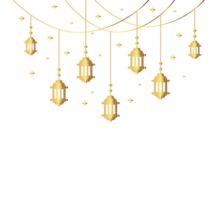 Ramadan Kareem and Eid Mubarak Arabian lanterns lamps for Muslim Islam holiday greeting card with gold stars. Gold golden color Outline line vector illustration backgroundのイラスト素材