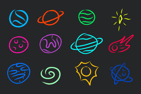 Collection set of doodle planets space objects . stars solar system hand drawn vector illustrationのイラスト素材