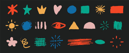 basic geometric scratch shapes set. Hand drawn Noise grunge pencil charcoal or crayon texture figures collection vector illustrationのイラスト素材