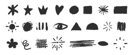 basic geometric scratch shapes set. Hand drawn Noise grunge pencil charcoal or crayon texture figures collection vector illustrationのイラスト素材