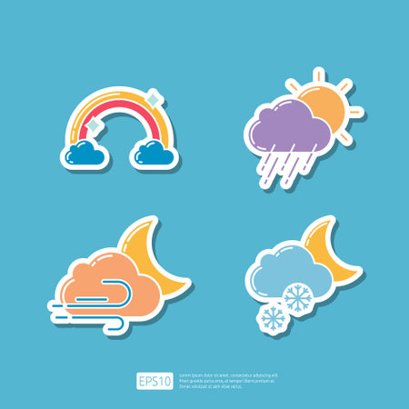Rainbow, Cloud Sun and Heavy Rain Drops, Moon Night, Winter Snow and snowflake on Night. Weather Icons Collection Set Vector illustrationのイラスト素材
