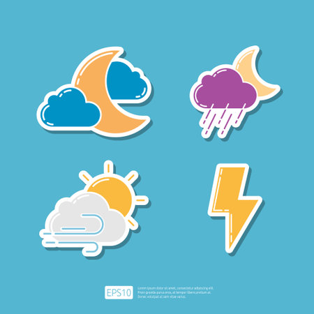 Night Weather, Cloud Moon Night and Heavy Rain Drops, Wind Blow Flowing, Lightning Thunder. Weather Icons Collection Set Vector illustrationのイラスト素材